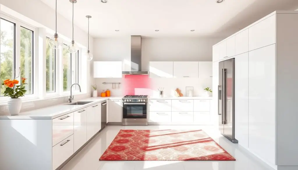 A sleek, modern white kitchen bathed in bright natural light, with bold, colorful accents that draw the eye. A minimalist, L-shaped layout with glossy white cabinets and a seamless quartz countertop. Vibrant pops of color in the form of a stylish backsplash, pendant lights, and a plush, patterned area rug. Stainless steel appliances gleam, complemented by a modern faucet and hardware. Large windows let in abundant sunshine, casting a warm, inviting glow throughout the space. The room is airy and spacious, with clean lines and a sophisticated, yet playful aesthetic. A sleek, modern white kitchen bathed in bright natural light, with bold, colorful accents that draw the eye. A minimalist, L-shaped layout with glossy white cabinets and a seamless quartz countertop. Vibrant pops of color in the form of a stylish backsplash, pendant lights, and a plush, patterned area rug. Stainless steel appliances gleam, complemented by a modern faucet and hardware. Large windows let in abundant sunshine, casting a warm, inviting glow throughout the space. The room is airy and spacious, with clean lines and a sophisticated, yet playful aesthetic.