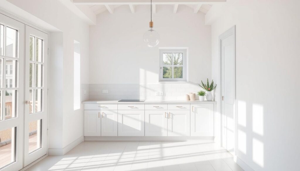 A small, bright white kitchen with minimalist design. Natural light streams through large windows, casting a warm glow over a sleek white tile floor and shaker-style cabinets. A simple white countertop contrasts beautifully with a delicate glass pendant light. The room has a clean, airy feel, with a hint of Scandinavian influence. The camera angle is slightly elevated, capturing the symmetry and balance of the space. The overall mood is one of calm, serene sophistication. A small, bright white kitchen with minimalist design. Natural light streams through large windows, casting a warm glow over a sleek white tile floor and shaker-style cabinets. A simple white countertop contrasts beautifully with a delicate glass pendant light. The room has a clean, airy feel, with a hint of Scandinavian influence. The camera angle is slightly elevated, capturing the symmetry and balance of the space. The overall mood is one of calm, serene sophistication.
