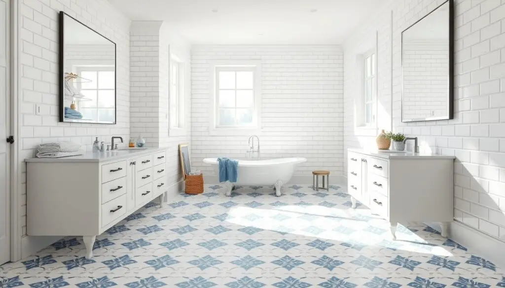 A spacious, well-lit bathroom with a coastal-inspired design. The room is bathed in soft, natural light, giving it a serene and calming ambiance. The floor is covered in white and blue-patterned tiles, creating a visually stunning focal point. The vanity features a clean, minimalist white countertop and drawers, complemented by matte black hardware. On the walls, crisp white subway tiles are accented with subtle blue grout, lending a touch of elegance. A large, frameless mirror hangs above the vanity, reflecting the room's natural light and creating an airy, open feel. A freestanding, claw-foot bathtub sits in the corner, inviting relaxation. Soft, textured towels in shades of blue and white complete the coastal-inspired decor. A spacious, well-lit bathroom with a coastal-inspired design. The room is bathed in soft, natural light, giving it a serene and calming ambiance. The floor is covered in white and blue-patterned tiles, creating a visually stunning focal point. The vanity features a clean, minimalist white countertop and drawers, complemented by matte black hardware. On the walls, crisp white subway tiles are accented with subtle blue grout, lending a touch of elegance. A large, frameless mirror hangs above the vanity, reflecting the room's natural light and creating an airy, open feel. A freestanding, claw-foot bathtub sits in the corner, inviting relaxation. Soft, textured towels in shades of blue and white complete the coastal-inspired decor.