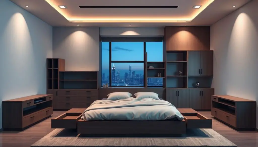 A stylish, multi-functional bedroom suite set against a minimalist, futuristic backdrop. In the foreground, a sleek, space-saving bed with built-in storage drawers and shelves. Floating nightstands flank the bed, their clean lines and integrated USB ports adding to the modern aesthetic. In the middle ground, a modular, wall-mounted desk system with adjustable shelves and a pull-out work surface. Soft, diffused lighting from recessed ceiling fixtures casts a warm glow, while a large window in the background overlooks a serene, twilight cityscape. The overall impression is one of efficient, sophisticated design that maximizes limited space.