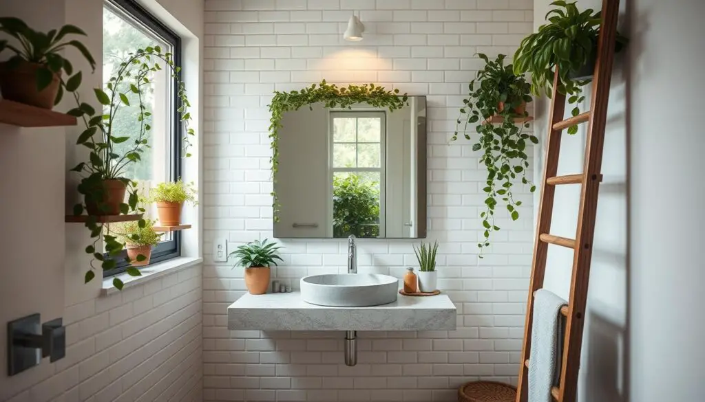 A stylishly compact bathroom with a mix of natural textures and modern elements. A floating vanity with a sleek stone countertop sits beneath a large mirror, its frame adorned with delicate greenery. Lush potted plants flank the space, their vibrant foliage cascading from floating shelves. Soft, diffused lighting filters in through a large window, casting a warm, inviting glow. Subway tiles line the walls, their clean lines complemented by the rustic wood accents of the ladder towel rack. This harmonious blend of nature and minimalism creates a serene, spa-like ambiance. A stylishly compact bathroom with a mix of natural textures and modern elements. A floating vanity with a sleek stone countertop sits beneath a large mirror, its frame adorned with delicate greenery. Lush potted plants flank the space, their vibrant foliage cascading from floating shelves. Soft, diffused lighting filters in through a large window, casting a warm, inviting glow. Subway tiles line the walls, their clean lines complemented by the rustic wood accents of the ladder towel rack. This harmonious blend of nature and minimalism creates a serene, spa-like ambiance.