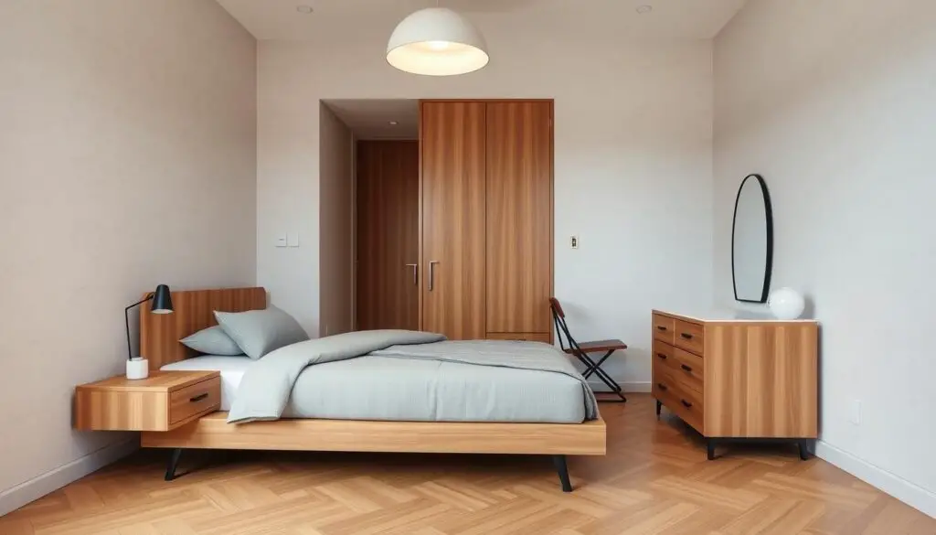 A stylishly designed small bedroom featuring a sleek, multifunctional furniture arrangement. In the foreground, a modern, minimalist bed frame with clean lines and a low profile, paired with a floating nightstand and a compact, multidrawer dresser in a warm, natural wood tone. In the middle ground, a lightweight, collapsible desk and chair set, allowing for a flexible workspace. The background showcases a neutral-toned, textured wall, creating a calming, cohesive ambiance. Soft, diffused lighting from a pendant lamp casts a gentle glow, highlighting the room's carefully curated, space-saving design elements.