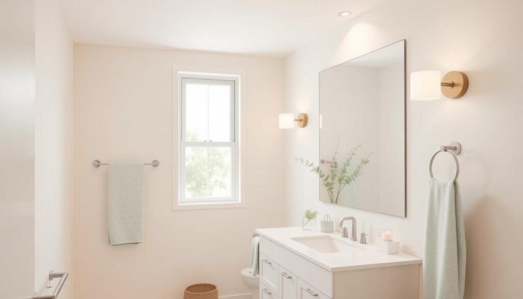 A tranquil bathroom interior with a harmonious light color palette. Soft beige walls create a serene backdrop, accented by clean-lined white fixtures and a large vanity mirror that reflects natural light from the window. Hints of pale green and sky blue in textiles and decor pieces add gentle pops of color, enhancing the airy, spacious ambiance. Subtle lighting from recessed ceiling fixtures and a minimalist wall sconce cast a warm, diffused glow, complementing the soothing tones. The overall aesthetic conveys a calm, rejuvenating atmosphere perfect for a small bathroom.