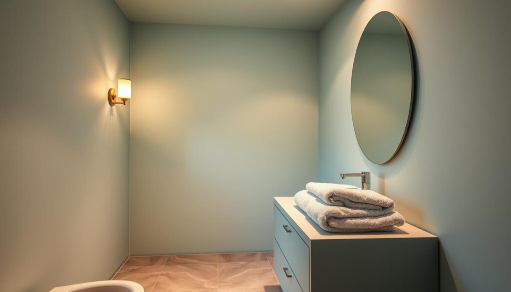 A tranquil small bathroom with a soothing color palette. The walls are covered in soft, muted tones of blue and green, creating a calming and serene atmosphere. The floor is tiled in natural stone, adding a touch of earthy elegance. Soft, diffused lighting from sconces and a recessed ceiling fixture gently illuminates the space, casting a warm glow. The vanity is a sleek, minimalist design in a complementary shade, with a simple countertop and modern fixtures. Plush, oversized towels in shades of white and gray are neatly folded, inviting relaxation. The overall composition evokes a sense of serenity and a retreat from the outside world. A tranquil small bathroom with a soothing color palette. The walls are covered in soft, muted tones of blue and green, creating a calming and serene atmosphere. The floor is tiled in natural stone, adding a touch of earthy elegance. Soft, diffused lighting from sconces and a recessed ceiling fixture gently illuminates the space, casting a warm glow. The vanity is a sleek, minimalist design in a complementary shade, with a simple countertop and modern fixtures. Plush, oversized towels in shades of white and gray are neatly folded, inviting relaxation. The overall composition evokes a sense of serenity and a retreat from the outside world.