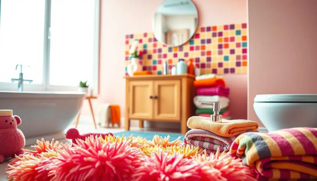 A vibrant and whimsical bathroom scene, awash in a kaleidoscope of colors. In the foreground, an assortment of playful bathroom accessories - a plush, fuzzy bath mat in a vibrant hue, a soap dispenser in the shape of a quirky animal, and a set of colorful, patterned towels neatly folded. The middle ground features a freestanding vanity with a bold, eye-catching tile backsplash, creating a striking contrast. Soft, diffused lighting filters in through a large window, casting a warm, inviting glow and highlighting the textures and tones. The background is a soothing, pastel-colored wall, allowing the vivid accents to take center stage. An atmosphere of joy and personality, perfect for a cozy, modern bathroom.