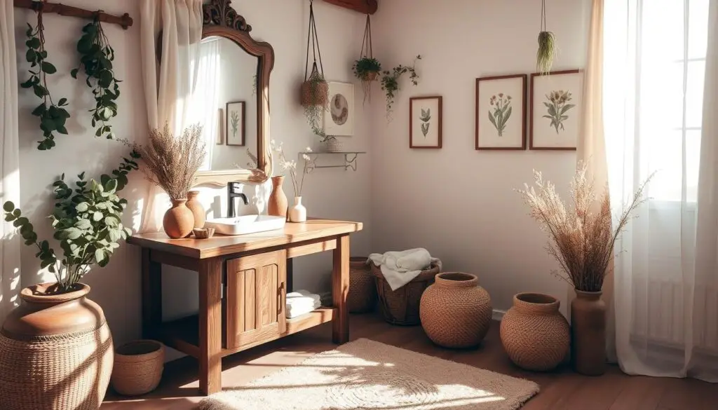 A warm, cozy bathroom with natural elements. Sunlight filters through sheer curtains, casting a soft glow on the rustic wooden vanity and accents. Bunches of eucalyptus and dried flowers adorn the vanity, complementing the earthenware vases and handwoven baskets. A large, ornate mirror reflects the natural textures, while a plush, neutral-toned rug grounds the space. The walls are adorned with hanging plants and framed botanical prints, creating a serene, nature-inspired ambiance. Gentle shadows and highlights accentuate the organic forms and materials, evoking a tranquil, cottage-like aesthetic.