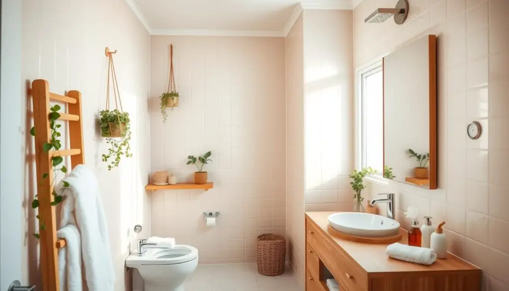 A warm, inviting family bathroom with soft pastel tiles lining the walls, accented by natural wood vanity and fixtures. Hanging plants and fluffy white towels add cozy touches, while a large mirror reflects natural light streaming in from a nearby window. The overall atmosphere is one of comfort and relaxation, perfect for a family setting. The lighting is soft and diffused, creating a calming ambiance. The camera angle is slightly elevated, capturing the room's clean, modern aesthetic.