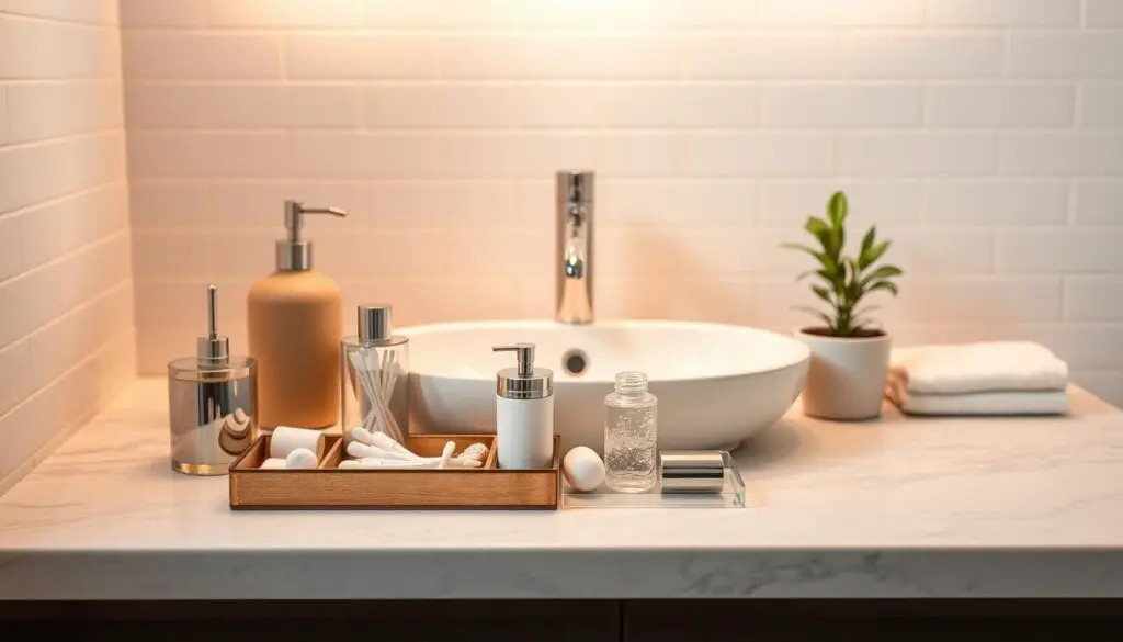 A well-curated collection of bathroom sink accessories arranged on a marble countertop. In the foreground, a small decorative tray holds an assortment of neatly organized cotton swabs, q-tips, and other toiletry items. Surrounding the tray, an elegant soap dispenser, a minimalist toothbrush holder, and a delicate plant in a ceramic pot add visual interest. The middle ground features a sleek, modern sink basin with a gleaming chrome faucet. Warm, diffused lighting from above casts a soft, inviting glow, creating a serene and functional ambiance. The background showcases a clean, white tile wall, adding a sense of purity and simplicity to the scene. A well-curated collection of bathroom sink accessories arranged on a marble countertop. In the foreground, a small decorative tray holds an assortment of neatly organized cotton swabs, q-tips, and other toiletry items. Surrounding the tray, an elegant soap dispenser, a minimalist toothbrush holder, and a delicate plant in a ceramic pot add visual interest. The middle ground features a sleek, modern sink basin with a gleaming chrome faucet. Warm, diffused lighting from above casts a soft, inviting glow, creating a serene and functional ambiance. The background showcases a clean, white tile wall, adding a sense of purity and simplicity to the scene.