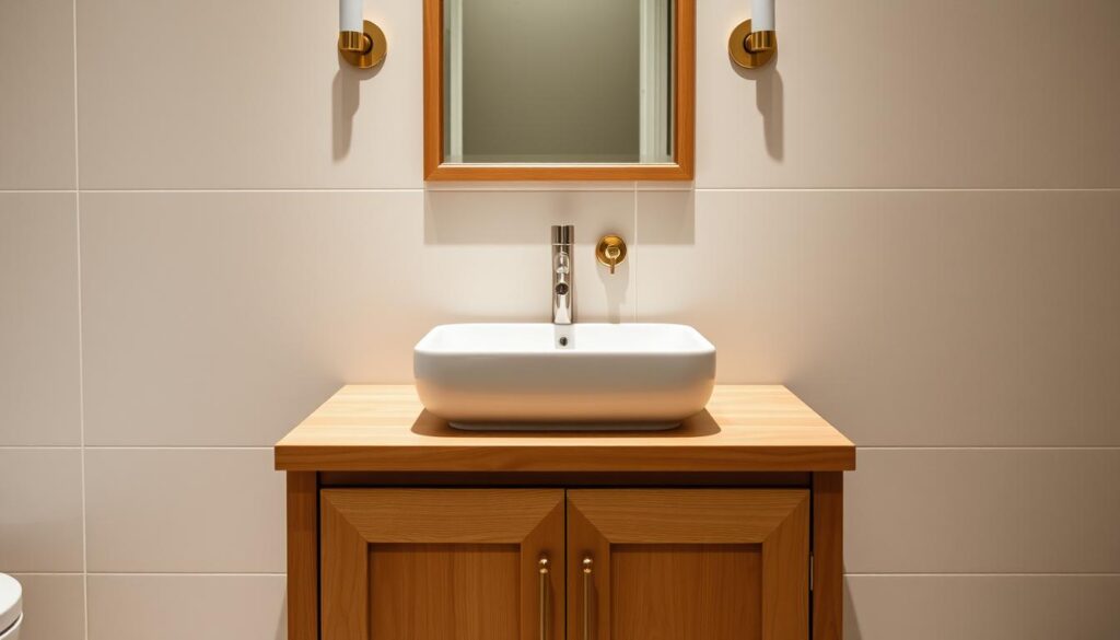 A well-designed and personalized compact bathroom sink with an elegant, minimalist aesthetic. A sleek, rectangular ceramic basin rests atop a sturdy, wooden vanity in a warm, natural tone. Subtle brass accents on the modern faucet and cabinet hardware add a touch of sophistication. Indirect lighting from sconces on either side of a framed mirror casts a soft, ambient glow, creating a cozy and relaxing atmosphere. The sink is positioned against a tiled wall in a soothing, neutral color palette, complementing the overall harmonious and personalized design. A well-designed and personalized compact bathroom sink with an elegant, minimalist aesthetic. A sleek, rectangular ceramic basin rests atop a sturdy, wooden vanity in a warm, natural tone. Subtle brass accents on the modern faucet and cabinet hardware add a touch of sophistication. Indirect lighting from sconces on either side of a framed mirror casts a soft, ambient glow, creating a cozy and relaxing atmosphere. The sink is positioned against a tiled wall in a soothing, neutral color palette, complementing the overall harmonious and personalized design.