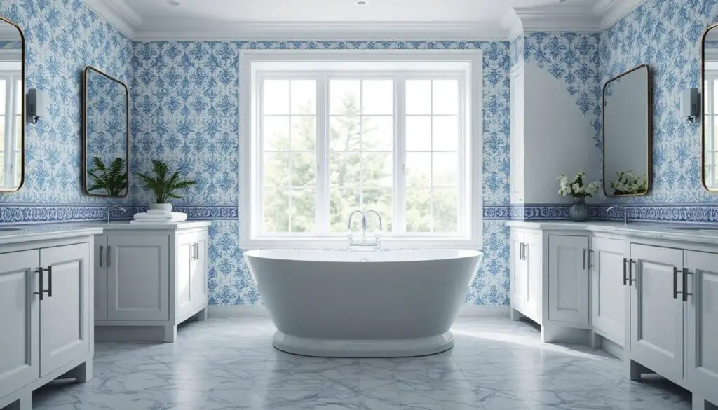 A well-lit, airy bathroom with a large, freestanding tub taking center stage. The walls are adorned with intricate blue and white tile patterns, creating a serene and calming atmosphere. A large window floods the space with natural light, casting a soft glow over the room. Elegant white vanity cabinets, accented with chrome fixtures, flank the tub, providing ample storage and a sleek, modern aesthetic. Plush white towels and a potted plant add personal touches, while the muted blue and white color palette creates a cohesive, harmonious design. The overall scene evokes a sense of tranquility and relaxation, perfectly suited for personalizing one's bathroom decor. A well-lit, airy bathroom with a large, freestanding tub taking center stage. The walls are adorned with intricate blue and white tile patterns, creating a serene and calming atmosphere. A large window floods the space with natural light, casting a soft glow over the room. Elegant white vanity cabinets, accented with chrome fixtures, flank the tub, providing ample storage and a sleek, modern aesthetic. Plush white towels and a potted plant add personal touches, while the muted blue and white color palette creates a cohesive, harmonious design. The overall scene evokes a sense of tranquility and relaxation, perfectly suited for personalizing one's bathroom decor.