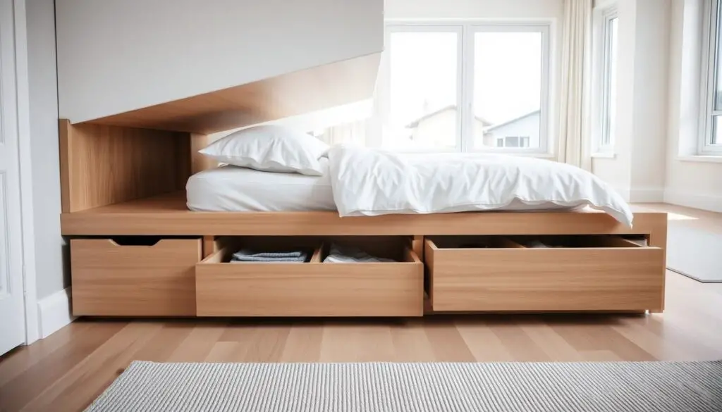 A well-lit, airy bedroom interior with a modern, minimalist aesthetic. In the foreground, a neatly made bed with crisp white linens and plush pillows. Underneath, several sleek, wooden drawers or sliding bins, designed to maximize the unused space beneath the bed frame. The drawers are slightly open, revealing neatly organized storage solutions, such as folded clothes, linens, or household items. The middle ground features a clean, uncluttered hardwood floor, with a subtle textured rug adding visual interest. The background showcases large windows, allowing natural light to flood the space and create a warm, inviting atmosphere.