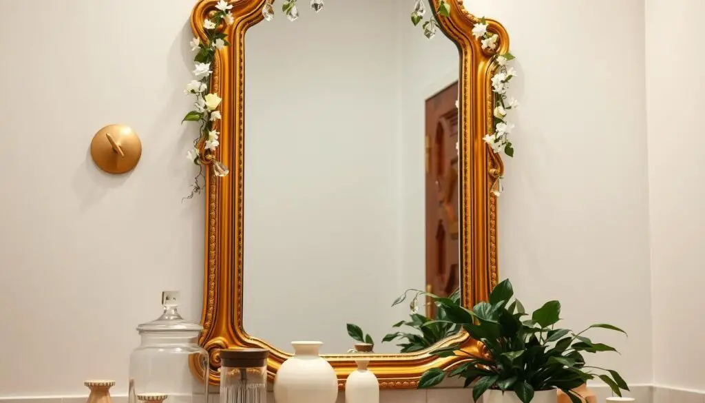 A well-lit bathroom mirror surrounded by an ornate gold frame, adorned with delicate floral garlands and glittering crystal accents. The mirror reflects a soft, warm glow, creating a luxurious, spa-like atmosphere. In the foreground, a selection of decorative glass jars, ceramic trinkets, and a few lush potted plants add a touch of natural elegance. The background features subtly textured white walls, evoking a sense of tranquility and sophistication. A well-lit bathroom mirror surrounded by an ornate gold frame, adorned with delicate floral garlands and glittering crystal accents. The mirror reflects a soft, warm glow, creating a luxurious, spa-like atmosphere. In the foreground, a selection of decorative glass jars, ceramic trinkets, and a few lush potted plants add a touch of natural elegance. The background features subtly textured white walls, evoking a sense of tranquility and sophistication.