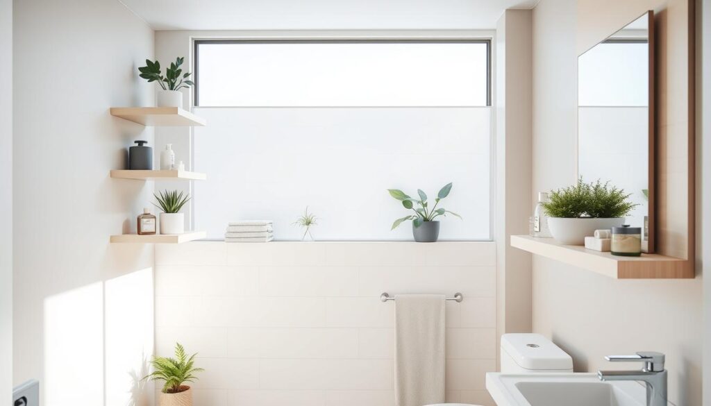 A well-lit, contemporary bathroom interior with a stylish, minimalist above-toilet storage solution. In the foreground, a series of floating shelves made of sleek, light-colored wood or lacquered material, arranged in a clean, geometric pattern. The shelves display a curated selection of decorative plants, towels, and personal care items, creating a visually appealing and practical storage system. The middle ground features a bright, airy tile wall in a neutral palette, complementing the storage design. The background showcases a large window, allowing natural light to flood the space and create a warm, inviting atmosphere. The overall aesthetic is modern, refined, and tailored to showcase the functional yet stylish storage idea.