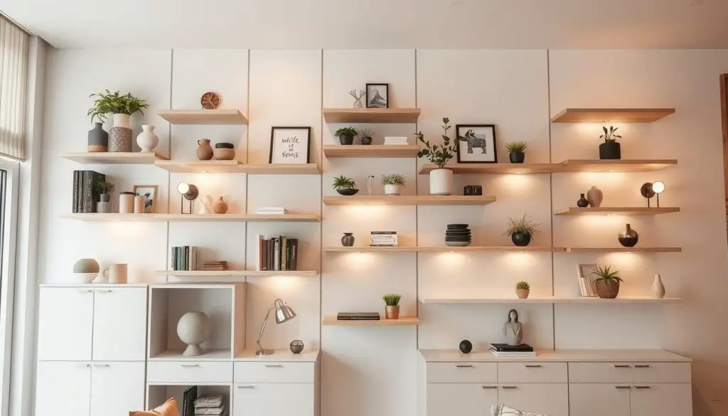 A well-lit, minimalist vertical wall space with clean lines and a focus on organization. A mix of open shelving, floating ledges, and hidden storage compartments, all in a neutral color palette that complements the room's decor. The shelves are arranged in a visually striking, asymmetrical pattern, creating a sense of dynamic balance. Subtle, warm lighting from sconces or recessed fixtures illuminates the display of decorative objects, plants, and other personal items, giving the space a cozy, inviting atmosphere. The camera angle showcases the full height of the wall, emphasizing the efficient use of vertical real estate.