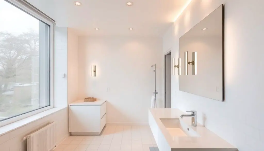 A well-lit, modern apartment bathroom with a spacious vanity, crisp white tiles, and natural light filtering through a large window. The room is bathed in a warm, soft glow from recessed ceiling lights and sconces flanking a large mirror, creating a serene and inviting atmosphere. The lighting is tailored to accentuate the sleek fixtures and clean lines of the space, highlighting the overall sense of calm and tranquility. The angle captures the entire room, showcasing the cohesive design and thoughtful lighting choices that elevate the functionality and aesthetic of this small but sophisticated bathroom.