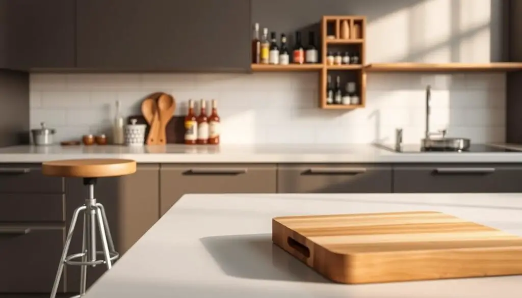 A well-lit, modern kitchen counter showcasing a variety of compact, multi-functional furniture pieces. In the foreground, a sleek wooden cutting board serves as a chopping surface and can be easily stored. Nearby, a small, adjustable-height stool doubles as a side table or extra seating. In the middle ground, a slim, wall-mounted storage unit displays neatly arranged spices, oils, and other cooking essentials. The background features a minimalist backsplash, allowing the functional elements to take center stage. The overall scene exudes a sense of organization, efficiency, and space optimization, reflecting the "Utilize Multi-Functional Furniture" section of the article. A well-lit, modern kitchen counter showcasing a variety of compact, multi-functional furniture pieces. In the foreground, a sleek wooden cutting board serves as a chopping surface and can be easily stored. Nearby, a small, adjustable-height stool doubles as a side table or extra seating. In the middle ground, a slim, wall-mounted storage unit displays neatly arranged spices, oils, and other cooking essentials. The background features a minimalist backsplash, allowing the functional elements to take center stage. The overall scene exudes a sense of organization, efficiency, and space optimization, reflecting the "Utilize Multi-Functional Furniture" section of the article.