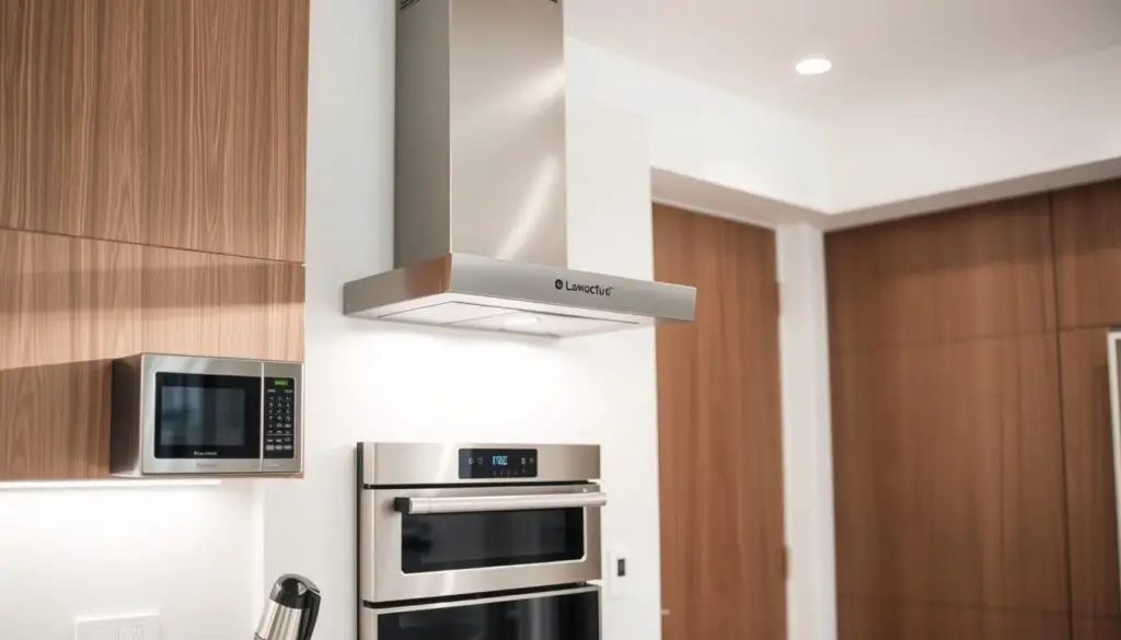 A well-lit, modern kitchen with a variety of sleek, wall-mounted kitchen appliances prominently displayed. In the foreground, a stainless steel wall-mounted coffee maker and a compact oven or convection microwave are neatly arranged. In the middle ground, a wall-mounted range hood with a minimalist design hovers above the countertop. In the background, a flush-mounted smart touchscreen display for the home's climate control system is visible. The overall atmosphere is one of efficiency, organization, and a streamlined, contemporary aesthetic. A well-lit, modern kitchen with a variety of sleek, wall-mounted kitchen appliances prominently displayed. In the foreground, a stainless steel wall-mounted coffee maker and a compact oven or convection microwave are neatly arranged. In the middle ground, a wall-mounted range hood with a minimalist design hovers above the countertop. In the background, a flush-mounted smart touchscreen display for the home's climate control system is visible. The overall atmosphere is one of efficiency, organization, and a streamlined, contemporary aesthetic.
