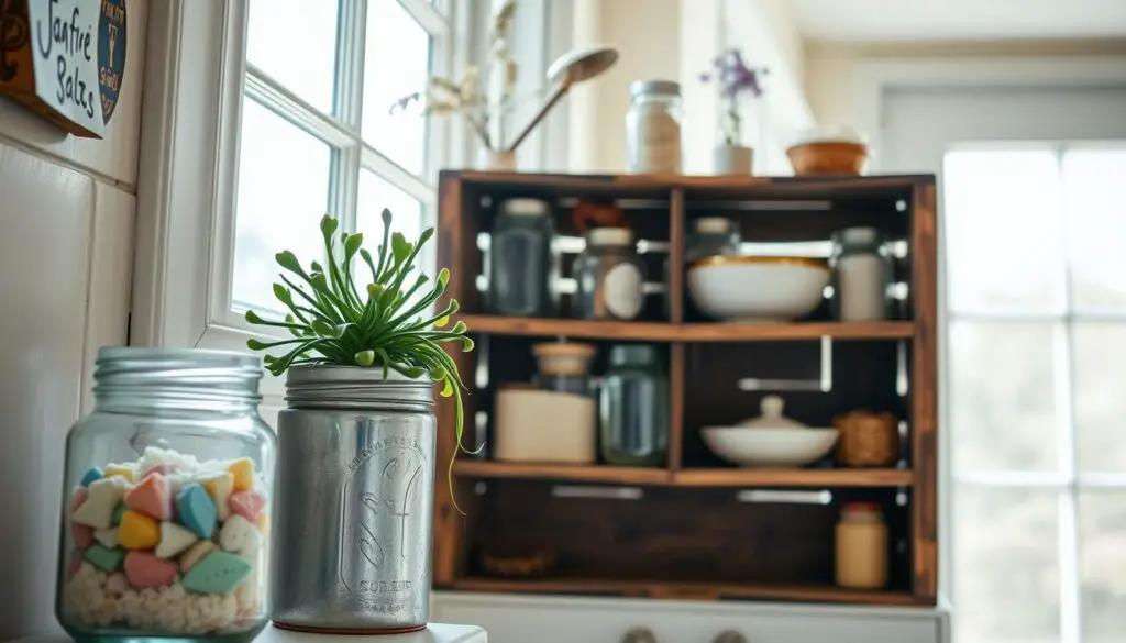 A well-lit, rustic bathroom setting showcasing an array of upcycled accessories. In the foreground, a repurposed glass jar holds an assortment of colorful bath salts, while a vintage tin container serves as a planter for a lush, trailing succulent. On the middle shelf, a discarded wooden crate has been transformed into a unique storage unit, housing an eclectic mix of mason jars, dried flowers, and a handcrafted ceramic soap dish. In the background, a large window allows natural light to flood the space, casting a warm, inviting glow on the ensemble of repurposed items. The overall atmosphere is one of creativity, sustainability, and a touch of shabby-chic charm. A well-lit, rustic bathroom setting showcasing an array of upcycled accessories. In the foreground, a repurposed glass jar holds an assortment of colorful bath salts, while a vintage tin container serves as a planter for a lush, trailing succulent. On the middle shelf, a discarded wooden crate has been transformed into a unique storage unit, housing an eclectic mix of mason jars, dried flowers, and a handcrafted ceramic soap dish. In the background, a large window allows natural light to flood the space, casting a warm, inviting glow on the ensemble of repurposed items. The overall atmosphere is one of creativity, sustainability, and a touch of shabby-chic charm.