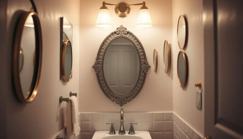 A well-lit small bathroom with an artistic arrangement of mirrors reflecting and amplifying the available space. The focal point is a large, decorative mirror mounted above the sink, complemented by smaller accent mirrors strategically placed on the surrounding walls. The lighting fixtures cast a warm, inviting glow, creating a cozy and visually interesting atmosphere. The overall composition utilizes the mirrors to create a sense of depth and visual expansion, making the compact bathroom feel more open and spacious. A well-lit small bathroom with an artistic arrangement of mirrors reflecting and amplifying the available space. The focal point is a large, decorative mirror mounted above the sink, complemented by smaller accent mirrors strategically placed on the surrounding walls. The lighting fixtures cast a warm, inviting glow, creating a cozy and visually interesting atmosphere. The overall composition utilizes the mirrors to create a sense of depth and visual expansion, making the compact bathroom feel more open and spacious.