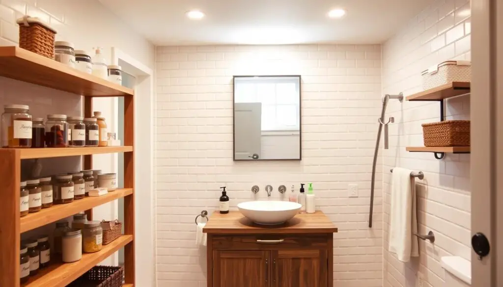 A well-organized bathroom with a minimalist aesthetic. In the foreground, custom wooden shelves with labeled storage jars and baskets for toiletries. In the middle, a rustic wooden vanity with a modern vessel sink and sleek faucet. Hanging above, a large mirror with a simple metal frame. The background features subway tile walls in a soothing neutral tone, with a small window allowing natural light to filter in. Soft, even lighting from recessed ceiling fixtures creates a calming, spa-like atmosphere. The overall impression is one of functional elegance and a thoughtful, DIY approach to bathroom decor.