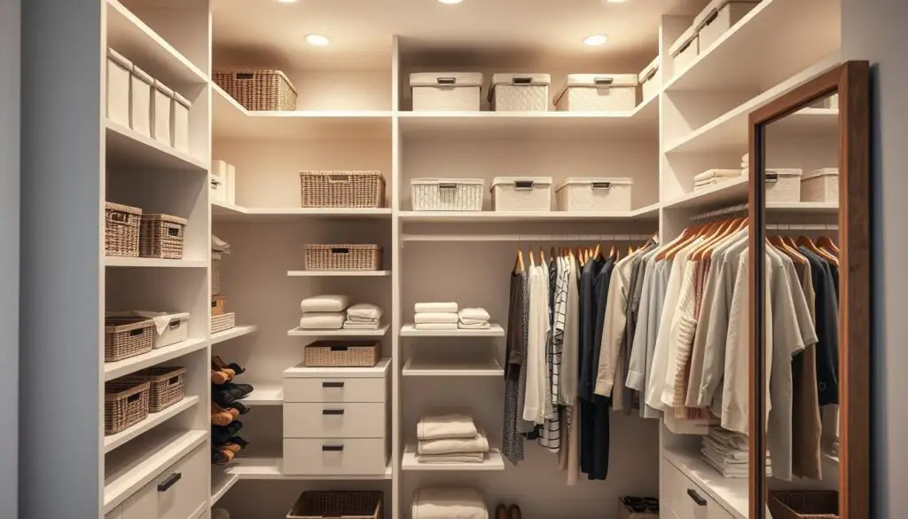 A well-organized closet with a minimalist aesthetic, the shelves and rods neatly arranged to maximize storage space. Soft, diffused lighting illuminates the interior, creating a serene, inviting atmosphere. Dividers and baskets in muted tones organize clothing, accessories, and linens, while a full-length mirror on the door reflects the orderly layout. The closet's clean lines and efficient design suggest a sense of calm and control, perfect for a small bedroom. A well-organized closet with a minimalist aesthetic, the shelves and rods neatly arranged to maximize storage space. Soft, diffused lighting illuminates the interior, creating a serene, inviting atmosphere. Dividers and baskets in muted tones organize clothing, accessories, and linens, while a full-length mirror on the door reflects the orderly layout. The closet's clean lines and efficient design suggest a sense of calm and control, perfect for a small bedroom.