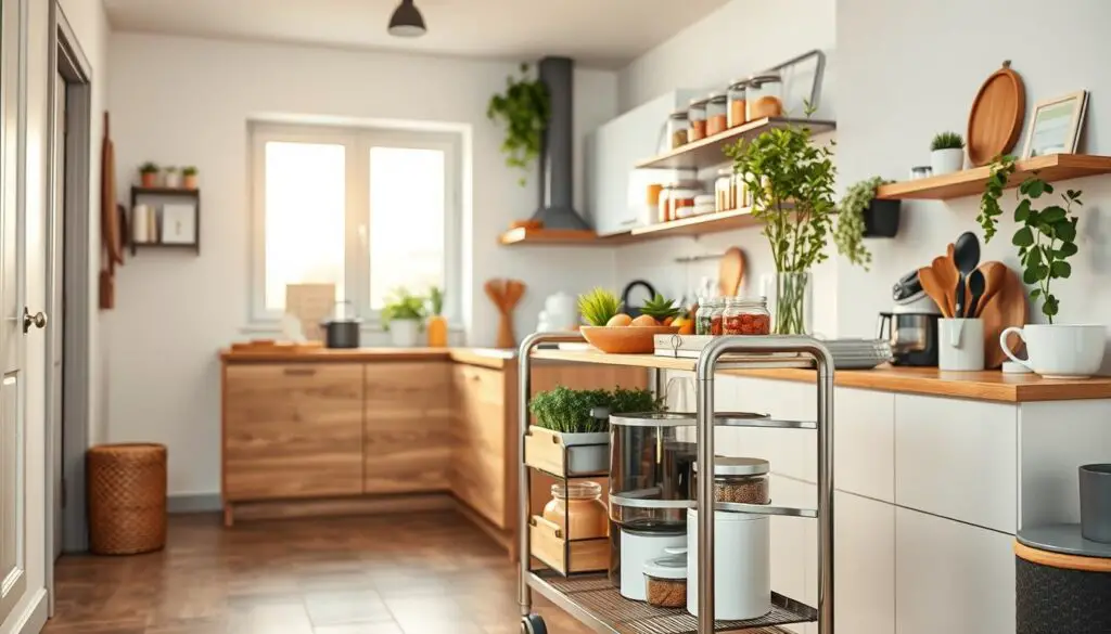 A well-organized compact kitchen with a sleek metal utility cart in the foreground, showcasing various storage solutions such as hanging racks, shelves, and jars. The middle ground features neatly arranged cookware, herbs, and small appliances on a wooden countertop, bathed in warm, natural lighting from a large window. The background depicts a minimalist, Scandinavian-inspired kitchen interior with white walls, clean lines, and subtle pops of greenery, conveying a sense of efficiency and tranquility. A well-organized compact kitchen with a sleek metal utility cart in the foreground, showcasing various storage solutions such as hanging racks, shelves, and jars. The middle ground features neatly arranged cookware, herbs, and small appliances on a wooden countertop, bathed in warm, natural lighting from a large window. The background depicts a minimalist, Scandinavian-inspired kitchen interior with white walls, clean lines, and subtle pops of greenery, conveying a sense of efficiency and tranquility.