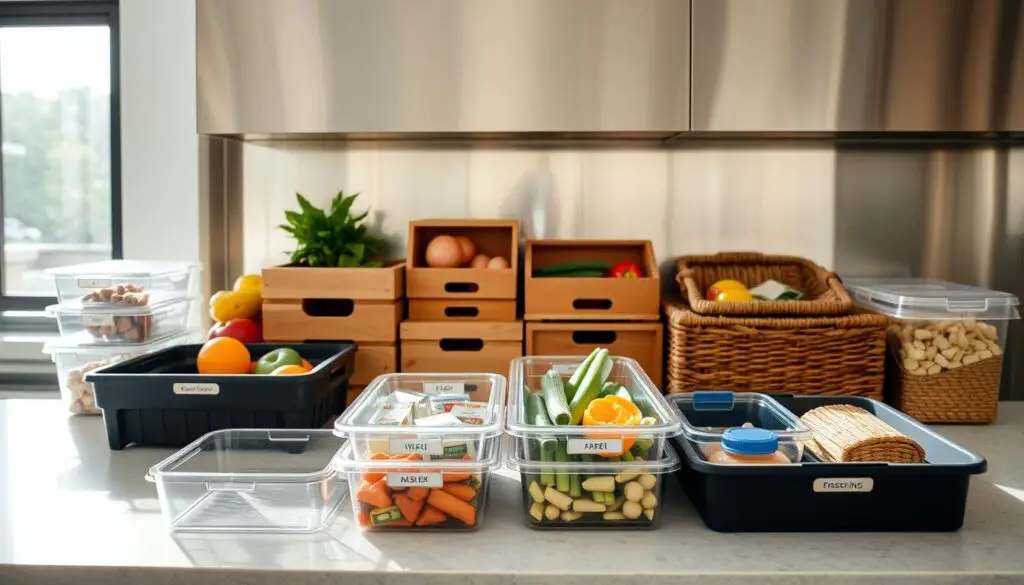 A well-organized kitchen counter with various containers, bins, and trays neatly arranged. The foreground features a series of clear plastic containers, each labeled with its contents, while the middle ground showcases a set of wooden crates and woven baskets for storing fresh produce and pantry items. In the background, a sleek stainless-steel backsplash reflects the natural light streaming in from large windows, creating a bright and airy atmosphere. The overall scene conveys a sense of efficiency, minimalism, and a thoughtful approach to maximizing limited counter space. A well-organized kitchen counter with various containers, bins, and trays neatly arranged. The foreground features a series of clear plastic containers, each labeled with its contents, while the middle ground showcases a set of wooden crates and woven baskets for storing fresh produce and pantry items. In the background, a sleek stainless-steel backsplash reflects the natural light streaming in from large windows, creating a bright and airy atmosphere. The overall scene conveys a sense of efficiency, minimalism, and a thoughtful approach to maximizing limited counter space.