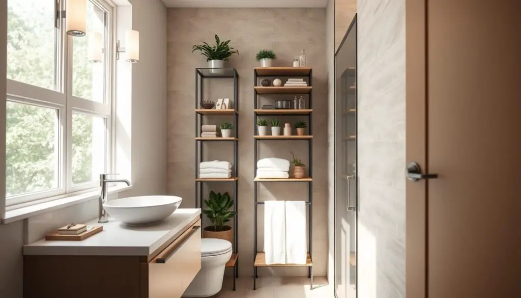 A well-organized small half bathroom with a modern, minimalist aesthetic. The foreground features a floating vanity with clean lines and a vessel sink, accented by sleek chrome fixtures. The middle ground showcases a vertical storage unit, optimizing the limited space by providing ample shelving for towels, plants, and decor. The background highlights a neutral tile wall pattern, drawing the eye upward and creating an illusion of height. Soft, diffused lighting from sconces casts a warm, inviting glow, while a large window floods the space with natural illumination. The overall mood is one of calm, refined sophistication. A well-organized small half bathroom with a modern, minimalist aesthetic. The foreground features a floating vanity with clean lines and a vessel sink, accented by sleek chrome fixtures. The middle ground showcases a vertical storage unit, optimizing the limited space by providing ample shelving for towels, plants, and decor. The background highlights a neutral tile wall pattern, drawing the eye upward and creating an illusion of height. Soft, diffused lighting from sconces casts a warm, inviting glow, while a large window floods the space with natural illumination. The overall mood is one of calm, refined sophistication.