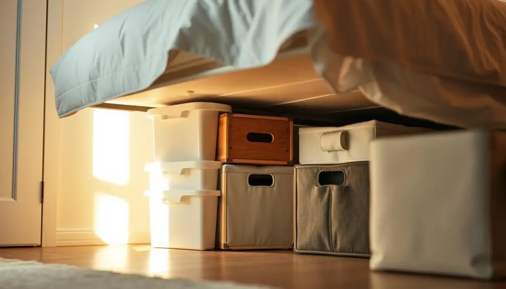 A well-organized under-bed storage solution featuring neatly stacked plastic bins, wooden crates, and fabric storage cubes. The scene is bathed in soft, warm lighting, creating a cozy and inviting atmosphere. The camera angle is positioned slightly elevated, providing a clear view of the storage items neatly arranged to maximize the available space under the bed. The background is a minimalist bedroom interior, with clean lines and muted colors, allowing the storage solutions to take center stage.