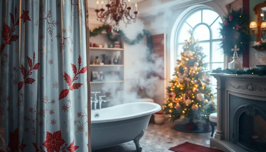 An ornate, festive shower curtain with a winter wonderland design. In the foreground, a large, intricately patterned curtain featuring snowflakes, holly, and other holiday motifs in a mix of shimmering silver, gold, and crimson tones. The curtain hangs gracefully, illuminated by soft, warm lighting from above. In the middle ground, a steamy, fog-filled bathroom with a clawfoot tub and elegant tiled walls. The background is a cozy, inviting scene with a Christmas tree, garlands, and other seasonal decor, creating a charming, festive atmosphere. The entire composition conveys a sense of luxurious, holiday-inspired indulgence.