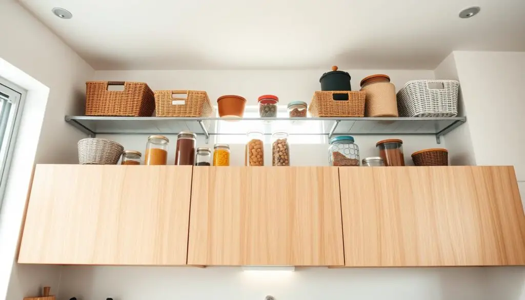 An overhead view of an efficient kitchen storage solution, showcasing the space above kitchen cabinets. In the foreground, a series of neatly organized baskets, jars, and containers sit atop the cabinets, creating a visually appealing and practical storage system. The middle ground features sleek, minimalist cabinetry in a warm, natural wood tone, complemented by a bright, airy atmosphere. Soft, natural lighting filters in from a window in the background, illuminating the entire scene and adding a sense of warmth and coziness. The overall mood is one of order, functionality, and a thoughtful approach to maximizing limited kitchen space. An overhead view of an efficient kitchen storage solution, showcasing the space above kitchen cabinets. In the foreground, a series of neatly organized baskets, jars, and containers sit atop the cabinets, creating a visually appealing and practical storage system. The middle ground features sleek, minimalist cabinetry in a warm, natural wood tone, complemented by a bright, airy atmosphere. Soft, natural lighting filters in from a window in the background, illuminating the entire scene and adding a sense of warmth and coziness. The overall mood is one of order, functionality, and a thoughtful approach to maximizing limited kitchen space.