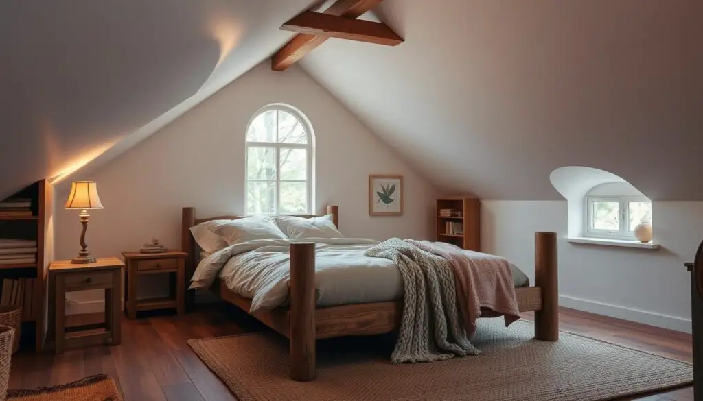 Cozy and inviting attic bedroom featuring a rustic wooden bed frame, plush bedding, and soft lighting from a pendant lamp. The room has slanted ceilings with exposed beams, creating a charming, intimate atmosphere. A large arched window provides natural light and a view of the treetops outside. Warm-toned wood accents, such as a side table and bookshelf, complement the neutral color palette. Textural elements, like a woven area rug and knit throw blanket, add depth and coziness to the space. The overall design evokes a tranquil, relaxing retreat, perfect for a restful night's sleep. Cozy and inviting attic bedroom featuring a rustic wooden bed frame, plush bedding, and soft lighting from a pendant lamp. The room has slanted ceilings with exposed beams, creating a charming, intimate atmosphere. A large arched window provides natural light and a view of the treetops outside. Warm-toned wood accents, such as a side table and bookshelf, complement the neutral color palette. Textural elements, like a woven area rug and knit throw blanket, add depth and coziness to the space. The overall design evokes a tranquil, relaxing retreat, perfect for a restful night's sleep.