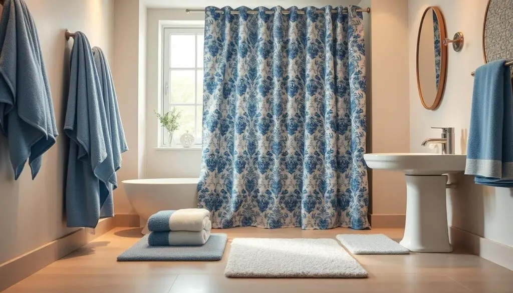 Cozy and inviting blue and white bathroom textiles in a bright, airy space. Plush towels, soft bath mats, and elegant curtains in a soothing color palette. Neutral walls and warm lighting create a serene and relaxing atmosphere. The textiles are the focal point, effortlessly blending form and function. The scene is photographed from a slightly elevated angle, capturing the detailed patterns and textures of the fabrics. An image that celebrates the beauty of incorporating blue and white accents to enhance a bathroom's decor. Cozy and inviting blue and white bathroom textiles in a bright, airy space. Plush towels, soft bath mats, and elegant curtains in a soothing color palette. Neutral walls and warm lighting create a serene and relaxing atmosphere. The textiles are the focal point, effortlessly blending form and function. The scene is photographed from a slightly elevated angle, capturing the detailed patterns and textures of the fabrics. An image that celebrates the beauty of incorporating blue and white accents to enhance a bathroom's decor.
