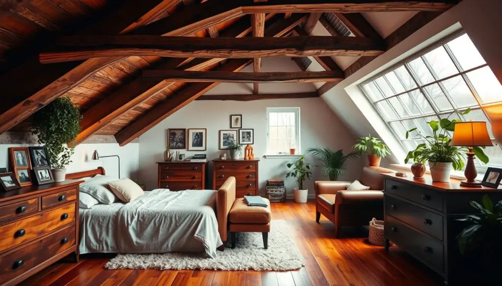 Cozy attic bedroom with rustic exposed beams, soft lighting, and a mix of vintage and modern decor. Plush bedding in neutral tones, a leather armchair, and a wooden dresser with trinkets and framed photographs. Warm wooden floors, a plush area rug, and a small side table with a table lamp. Lush potted plants add pops of greenery, and a large window floods the space with natural light, creating a warm, inviting atmosphere. Cozy attic bedroom with rustic exposed beams, soft lighting, and a mix of vintage and modern decor. Plush bedding in neutral tones, a leather armchair, and a wooden dresser with trinkets and framed photographs. Warm wooden floors, a plush area rug, and a small side table with a table lamp. Lush potted plants add pops of greenery, and a large window floods the space with natural light, creating a warm, inviting atmosphere.