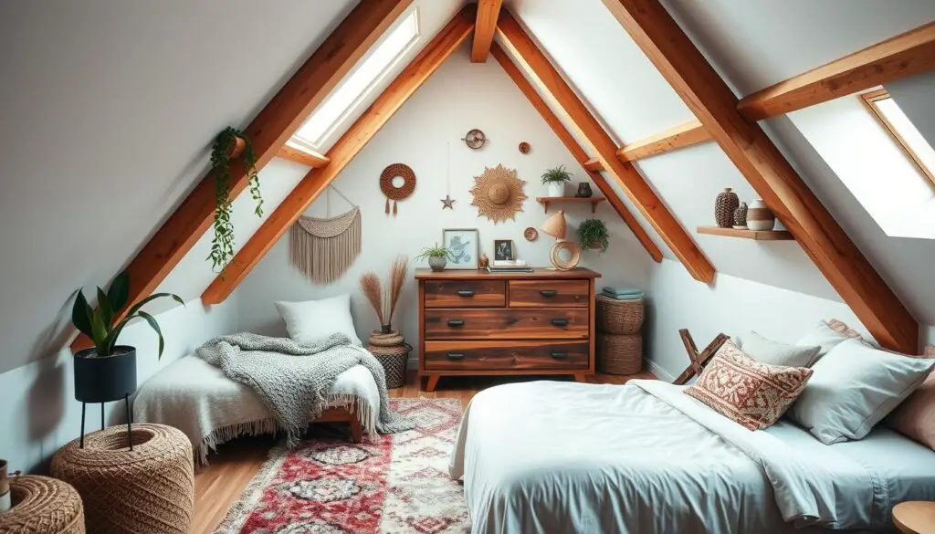 Cozy attic bedroom with warm, natural lighting filtering through slanted, exposed wood beams. Neatly arranged bohemian-inspired decor, including a plush area rug, a hanging plant, and a rustic wooden dresser. Soft, neutral-toned bedding and an array of decorative pillows create a serene, inviting atmosphere. The sloped ceiling adds character, with carefully curated wall hangings and shelves that maximize the available space. Overall, a harmonious, well-designed hideaway that exudes comfort and charm. Cozy attic bedroom with warm, natural lighting filtering through slanted, exposed wood beams. Neatly arranged bohemian-inspired decor, including a plush area rug, a hanging plant, and a rustic wooden dresser. Soft, neutral-toned bedding and an array of decorative pillows create a serene, inviting atmosphere. The sloped ceiling adds character, with carefully curated wall hangings and shelves that maximize the available space. Overall, a harmonious, well-designed hideaway that exudes comfort and charm.