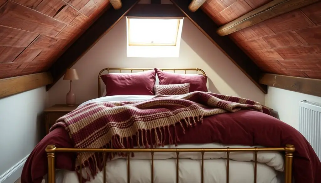 Cozy attic bedroom with warm, textured fabrics in soft, muted tones. Plush velvet duvet cover and matching pillows in a rich burgundy hue, complemented by a handwoven wool throw blanket in earthy shades. Fluffy down-filled comforter peeks out from beneath, inviting a snug retreat. Antique brass bed frame and weathered wooden nightstands create a rustic, vintage ambiance. Overhead, exposed beams and a skylight flood the space with natural light, casting a gentle glow. Soft, diffused shadows highlight the sumptuous textures, evoking a sense of comfort and relaxation. Cozy attic bedroom with warm, textured fabrics in soft, muted tones. Plush velvet duvet cover and matching pillows in a rich burgundy hue, complemented by a handwoven wool throw blanket in earthy shades. Fluffy down-filled comforter peeks out from beneath, inviting a snug retreat. Antique brass bed frame and weathered wooden nightstands create a rustic, vintage ambiance. Overhead, exposed beams and a skylight flood the space with natural light, casting a gentle glow. Soft, diffused shadows highlight the sumptuous textures, evoking a sense of comfort and relaxation.