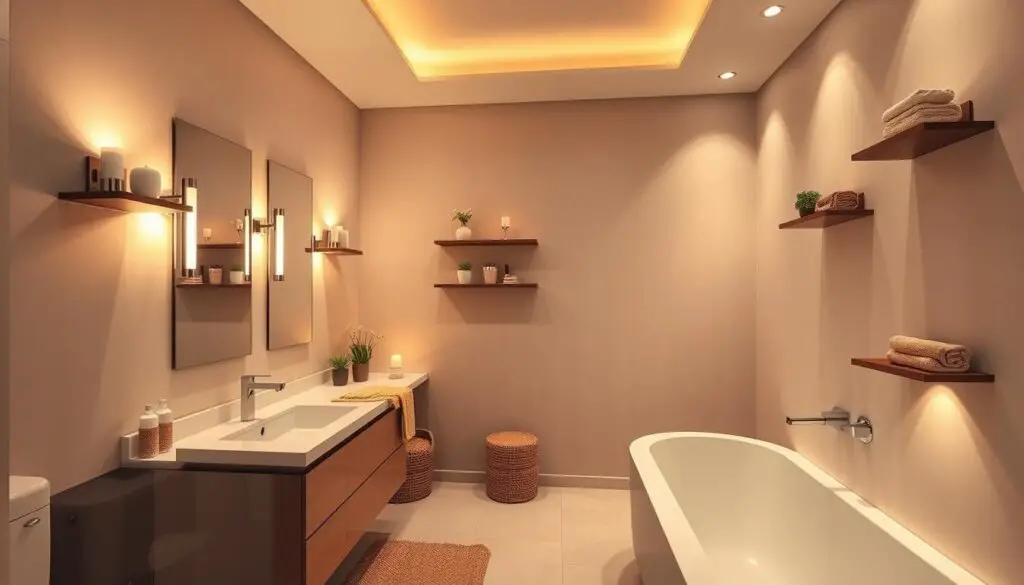 Cozy bathroom sanctuary, warm soft lighting illuminating elegant vanity mirrors, sconces casting gentle glow, recessed lighting subtly enhancing ambient mood. Sleek modern fixtures, brushed nickel accents, wall-mounted shelves displaying candles, plants, and decorative objects. Tiled floors in neutral hues, plush textured bath mat, sumptuous towels in complementary colors. Minimalist, spa-like atmosphere exuding relaxation and tranquility. Cozy bathroom sanctuary, warm soft lighting illuminating elegant vanity mirrors, sconces casting gentle glow, recessed lighting subtly enhancing ambient mood. Sleek modern fixtures, brushed nickel accents, wall-mounted shelves displaying candles, plants, and decorative objects. Tiled floors in neutral hues, plush textured bath mat, sumptuous towels in complementary colors. Minimalist, spa-like atmosphere exuding relaxation and tranquility.