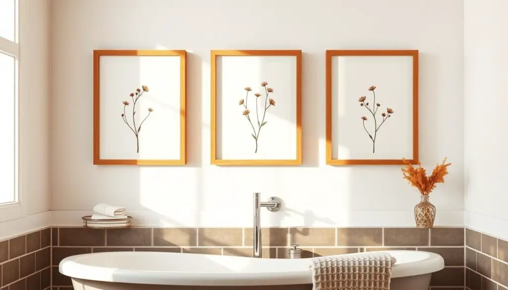 Cozy bathroom wall art on a budget: a trio of minimalist floral prints, framed in natural wood, bathed in warm, diffused lighting. Delicate stems and blooms in muted earth tones, arranged in a balanced, asymmetric composition. Mounted on a white textured wall, casting soft shadows. Subtle, nature-inspired accents that elevate the space without breaking the bank. An affordable, yet elegant solution for adding personalized style to a small bathroom. Cozy bathroom wall art on a budget: a trio of minimalist floral prints, framed in natural wood, bathed in warm, diffused lighting. Delicate stems and blooms in muted earth tones, arranged in a balanced, asymmetric composition. Mounted on a white textured wall, casting soft shadows. Subtle, nature-inspired accents that elevate the space without breaking the bank. An affordable, yet elegant solution for adding personalized style to a small bathroom.