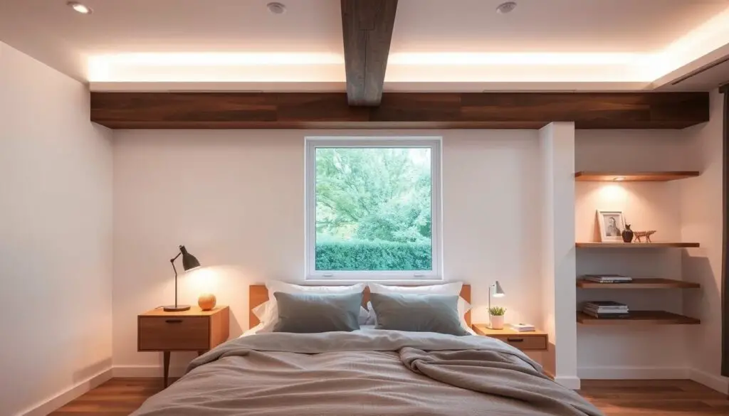 Cozy bedroom with smart lighting solutions, soft ambient glow from recessed ceiling lights, dimmable bedside lamps with modern minimalist design, subtle floor lamp in the corner casting warm light, minimalist wooden nightstands and floating shelves, clean white walls and textured area rug, large window allowing natural daylight, overall serene and inviting atmosphere. Cozy bedroom with smart lighting solutions, soft ambient glow from recessed ceiling lights, dimmable bedside lamps with modern minimalist design, subtle floor lamp in the corner casting warm light, minimalist wooden nightstands and floating shelves, clean white walls and textured area rug, large window allowing natural daylight, overall serene and inviting atmosphere.
