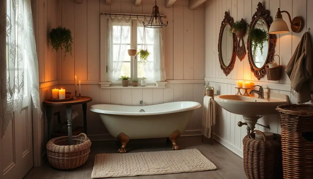 Cozy cottage core bathroom, soft pastel colors, warm white walls, wooden accents. Vintage claw-foot tub, plush textured bath mat, hanging plants, natural light filtering through lace curtains. Ornate mirror, candles, and wicker baskets. Gentle mood lighting, antique brass fixtures, and a sense of tranquility. Dreamy, relaxing atmosphere with a touch of rustic charm.