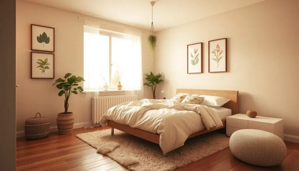 Cozy small bedroom with warm neutral tones, soft natural lighting from a large window casting a gentle glow. Minimalist furniture layout with a low platform bed, fluffy bedding, and a small side table. Wooden flooring, with a plush area rug. Walls decorated with framed botanical prints and a hanging plant. Overall, a tranquil, inviting atmosphere that promotes rest and relaxation. Cozy small bedroom with warm neutral tones, soft natural lighting from a large window casting a gentle glow. Minimalist furniture layout with a low platform bed, fluffy bedding, and a small side table. Wooden flooring, with a plush area rug. Walls decorated with framed botanical prints and a hanging plant. Overall, a tranquil, inviting atmosphere that promotes rest and relaxation.