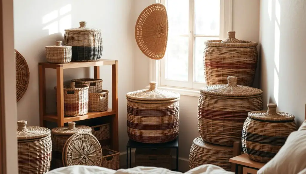 Decorative baskets arranged in a cozy bedroom setting, casting warm, soft lighting. Woven rattan and seagrass baskets of varying sizes and shapes, some with lids, placed on shelves and side tables. The baskets create a natural, organic feel, complementing the neutral color palette and wooden accents. Diffused light from a window filters in, adding depth and a serene, inviting atmosphere. The baskets appear tactile and practical, yet aesthetically pleasing, seamlessly blending storage and style for a small bedroom space.