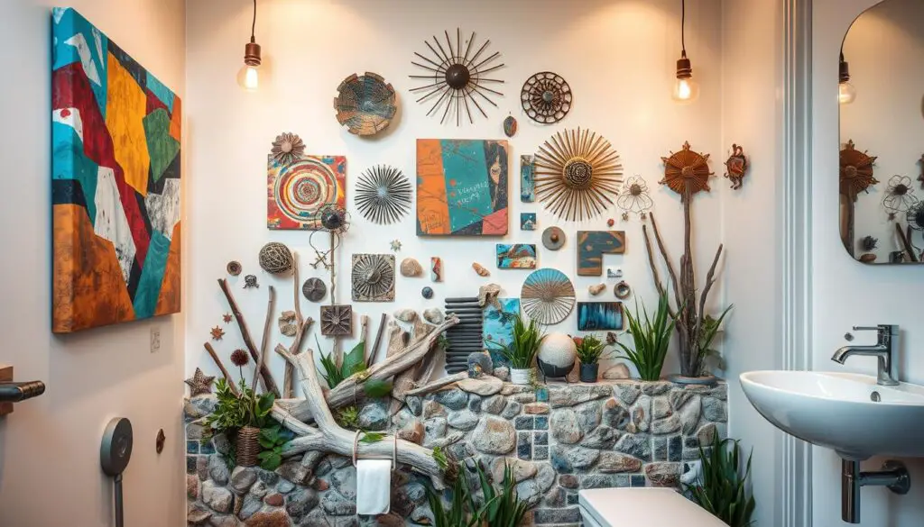 Detailed artistic toilet wall decorations featuring a variety of unique and creative artworks. The foreground showcases an array of colorful abstract paintings, metal sculptures, and handcrafted ceramic tiles, artfully arranged in a visually striking composition. The middle ground incorporates natural elements like driftwood, river stones, and fresh greenery, creating a harmonious blend of organic and inorganic materials. The background is a clean, minimalist bathroom setting with warm, diffused lighting, highlighting the textural and chromatic diversity of the wall decor. The overall atmosphere is one of whimsical sophistication, inviting the viewer to linger and appreciate the thoughtful, artistic approach to bathroom design.