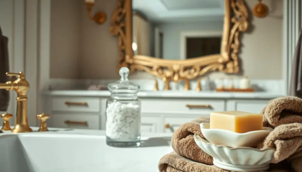 Elegant bath accessories arranged in a luxurious, well-lit setting. In the foreground, a stack of soft, plush towels in muted brown tones, complemented by a set of golden brass fixtures. In the middle ground, a glass apothecary jar filled with fragrant bath salts, and a decorative ceramic dish holding artisanal soap bars. The background features a minimalist, marble-topped vanity, with a large, ornate mirror reflecting the warm, indirect lighting. The overall atmosphere evokes a sense of relaxation, indulgence, and refined taste. Elegant bath accessories arranged in a luxurious, well-lit setting. In the foreground, a stack of soft, plush towels in muted brown tones, complemented by a set of golden brass fixtures. In the middle ground, a glass apothecary jar filled with fragrant bath salts, and a decorative ceramic dish holding artisanal soap bars. The background features a minimalist, marble-topped vanity, with a large, ornate mirror reflecting the warm, indirect lighting. The overall atmosphere evokes a sense of relaxation, indulgence, and refined taste.