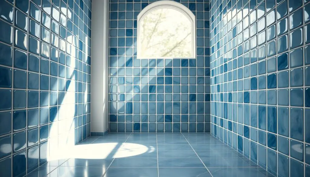Elegant blue and white bathroom tiles with a subtle geometric pattern, bathed in soft, diffused natural light streaming through a large window. The tiles have a glossy, ceramic finish, arranged in a visually appealing layout that creates a sense of depth and dimension. The overall atmosphere is one of tranquility and relaxation, with a touch of refined sophistication. A high-quality, wide-angle lens captures the scene, showcasing the tile work in all its intricate detail and the harmonious interplay of the cool blue and warm white tones. Elegant blue and white bathroom tiles with a subtle geometric pattern, bathed in soft, diffused natural light streaming through a large window. The tiles have a glossy, ceramic finish, arranged in a visually appealing layout that creates a sense of depth and dimension. The overall atmosphere is one of tranquility and relaxation, with a touch of refined sophistication. A high-quality, wide-angle lens captures the scene, showcasing the tile work in all its intricate detail and the harmonious interplay of the cool blue and warm white tones.