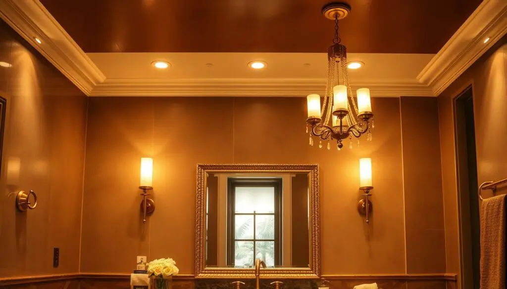 Elegant brown and gold bathroom lighting designs with ornate fixtures and warm tones. A luxurious central vanity with sleek wall sconces casting a soft glow, complemented by a beautiful gold-framed mirror. The ambient lighting creates a cozy, spa-like atmosphere, with hints of natural textures like wood and stone accents. Recessed ceiling lights provide additional illumination, while a statement pendant or chandelier adds a touch of glamour. The overall composition exudes a refined, sophisticated ambiance perfect for a relaxing and indulgent bathroom retreat. Elegant brown and gold bathroom lighting designs with ornate fixtures and warm tones. A luxurious central vanity with sleek wall sconces casting a soft glow, complemented by a beautiful gold-framed mirror. The ambient lighting creates a cozy, spa-like atmosphere, with hints of natural textures like wood and stone accents. Recessed ceiling lights provide additional illumination, while a statement pendant or chandelier adds a touch of glamour. The overall composition exudes a refined, sophisticated ambiance perfect for a relaxing and indulgent bathroom retreat.