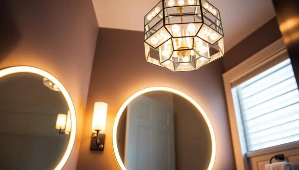 Intricate and visually captivating bathroom lighting ideas, showcasing a well-lit vanity area with a sleek, modern aesthetic. The foreground features a large, circular mirror surrounded by a halo of warm, dimmable LED lights, casting a soft, flattering glow. In the middle ground, a pair of minimalist wall sconces flank the mirror, adding depth and dimension. The background boasts a statement light fixture, a modern chandelier with geometric shapes and clean lines, illuminating the entire space. The overall mood is one of sophistication and functionality, creating the perfect ambiance for a small half bathroom. Intricate and visually captivating bathroom lighting ideas, showcasing a well-lit vanity area with a sleek, modern aesthetic. The foreground features a large, circular mirror surrounded by a halo of warm, dimmable LED lights, casting a soft, flattering glow. In the middle ground, a pair of minimalist wall sconces flank the mirror, adding depth and dimension. The background boasts a statement light fixture, a modern chandelier with geometric shapes and clean lines, illuminating the entire space. The overall mood is one of sophistication and functionality, creating the perfect ambiance for a small half bathroom.