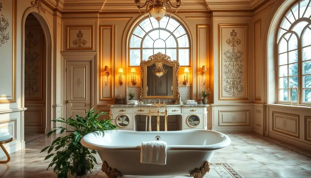 Luxurious bathroom design with an opulent, golden ambiance. A spacious, well-lit room showcasing a decadent clawfoot bathtub positioned in the foreground, surrounded by lush greenery and plush towels. The middle ground features a vanity with a large, ornate mirror and high-end fixtures in a warm, metallic finish. The background unveils elegant wall paneling, intricate tilework, and a towering arched window allowing natural light to flood the space. Soft, directional lighting illuminates the room, casting a cozy, inviting glow. The overall aesthetic evokes a sense of sophisticated, spa-like indulgence. Luxurious bathroom design with an opulent, golden ambiance. A spacious, well-lit room showcasing a decadent clawfoot bathtub positioned in the foreground, surrounded by lush greenery and plush towels. The middle ground features a vanity with a large, ornate mirror and high-end fixtures in a warm, metallic finish. The background unveils elegant wall paneling, intricate tilework, and a towering arched window allowing natural light to flood the space. Soft, directional lighting illuminates the room, casting a cozy, inviting glow. The overall aesthetic evokes a sense of sophisticated, spa-like indulgence.