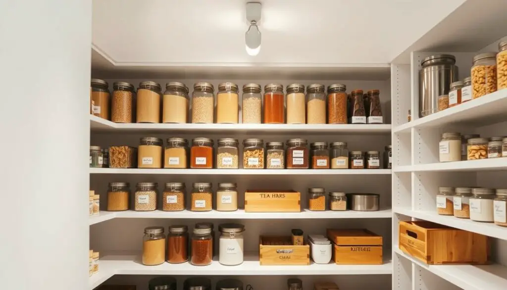 Neatly arranged shelves in a well-lit, minimalist pantry. Gleaming glass jars filled with various grains, spices, and dried goods line the shelves, each labeled with clean typography. Stainless steel canisters and sleek wooden crates provide ample storage for larger items. A central, adjustable track lighting system casts a warm, even glow across the space, illuminating the meticulously organized contents. The pantry's neutral color palette of whites, grays, and natural wood tones creates a sense of calm and effortless efficiency, perfectly suited for a small apartment kitchen. Neatly arranged shelves in a well-lit, minimalist pantry. Gleaming glass jars filled with various grains, spices, and dried goods line the shelves, each labeled with clean typography. Stainless steel canisters and sleek wooden crates provide ample storage for larger items. A central, adjustable track lighting system casts a warm, even glow across the space, illuminating the meticulously organized contents. The pantry's neutral color palette of whites, grays, and natural wood tones creates a sense of calm and effortless efficiency, perfectly suited for a small apartment kitchen.