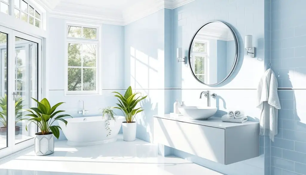 Prompt A bright and airy blue and white bathroom, with elegant porcelain fixtures and chrome accents. The room is bathed in natural light from large windows, creating a serene and spa-like ambiance. On the countertop, a modern white vessel sink sits atop a sleek vanity, complemented by a large circular mirror with a chrome frame. The floor is covered in crisp white tiles, while the walls feature a soft blue subway tile pattern. Lush potted plants and plush white towels add a touch of freshness to the space, creating a visually striking and harmonious design. Prompt A bright and airy blue and white bathroom, with elegant porcelain fixtures and chrome accents. The room is bathed in natural light from large windows, creating a serene and spa-like ambiance. On the countertop, a modern white vessel sink sits atop a sleek vanity, complemented by a large circular mirror with a chrome frame. The floor is covered in crisp white tiles, while the walls feature a soft blue subway tile pattern. Lush potted plants and plush white towels add a touch of freshness to the space, creating a visually striking and harmonious design.